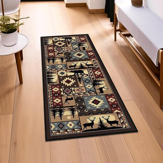 Rustic Cabin Wildlife Runner Rug 2x5,Buffalo Plaid Bear Moose Deer Country,Vintage Throw Carpet Washable Kitchen Rugs Farmhouse Hallway Runners Non Slip Floor Accent Carpet for Entryway Bedroom