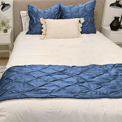 Bed Runner Set - 100% Pure Cotton 800 Thread Count - Luxury 1 Pinch Pleated Bed Runner and 2 Pillow Cover - 3 Piece Pinch Pleated Bed Runner Set California King, Medium Blue