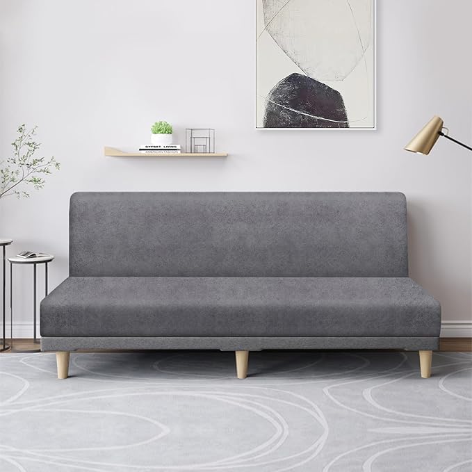 molasofa Leather Like Stretch Futon Slipcover Armless Futon Bed Sofa Cover Furniture Protector with Elastic Bottom, Soft and Washable Futon Cover for Sofa Bed Stay in Place（Larger，Light Grey）