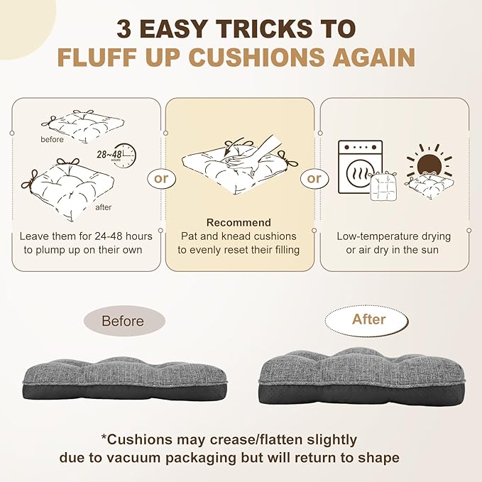 downluxe Indoor Chair Cushions for Dining Chairs, Tufted Overstuffed Textured Foam Kitchen Chair Pads with Ties and Non-Slip Backing, 15.5" x 15.5" x 4", Dark Grey, 6 Pack