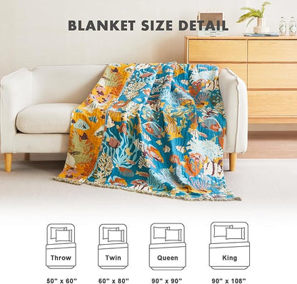 MSGKV Throw Blanket for Couch Cotton Cute Ocean Animals Blanket 50"x60" Sofa Chair Blankets Muslin Breathable All Seasons Lightweight Farmhouse Home Decor