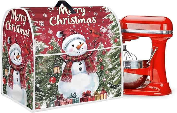 Merry Christmas Stand Mixer Cover Red Snowman Small Appliance Dust Covers For Kitchen Counter Washable Dustproof Cloth Cover for 6-8 Quart Mixers Christmas Kitchen Decor