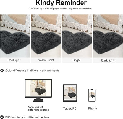 uxcell Heart Shaped Rugs for Bedroom,Small Aesthetic Carpet Girls,Cute Shaggy Floor Mirror Mat,Pastel Furry Throw Rug 2.3ftx3ft, Dark Gray