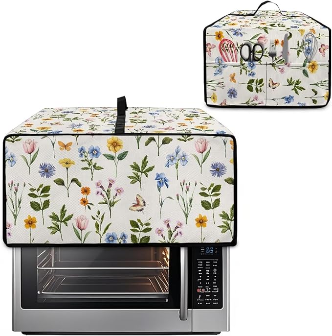 Toaster Oven Dust Cover with Side Pockets, Washable Convection Oven Cover Small Electric Appliance Protector for Kitchen Home Decor, M, Floral Butterfly Cream White