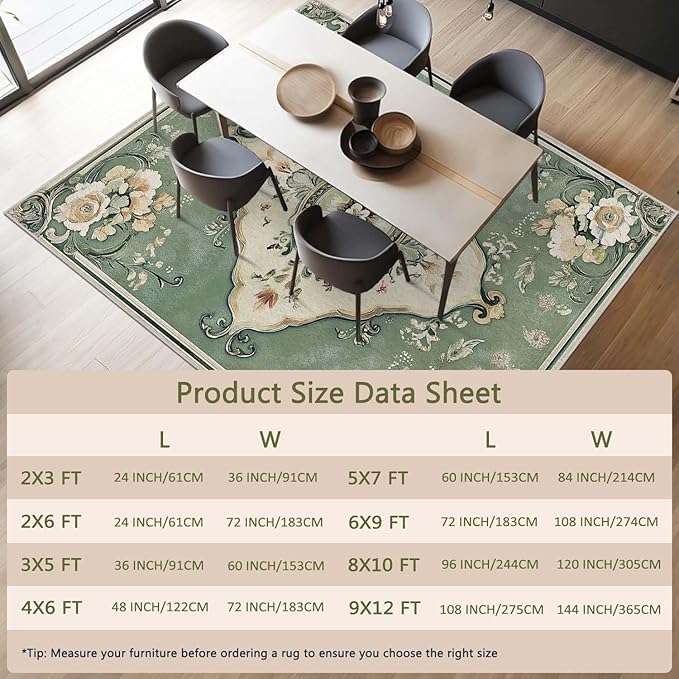 6x9 Traditional Oriental Area Rug Boho Green Rug Non Slip Low Pile Large Carpet for Home Kitchen Living Room Bedroom Dining Room Office