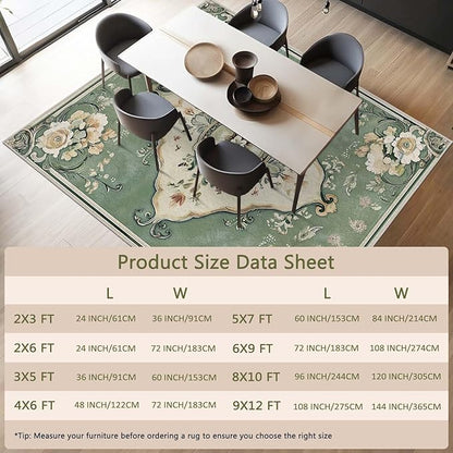 6x9 Traditional Oriental Area Rug Boho Green Rug Non Slip Low Pile Large Carpet for Home Kitchen Living Room Bedroom Dining Room Office