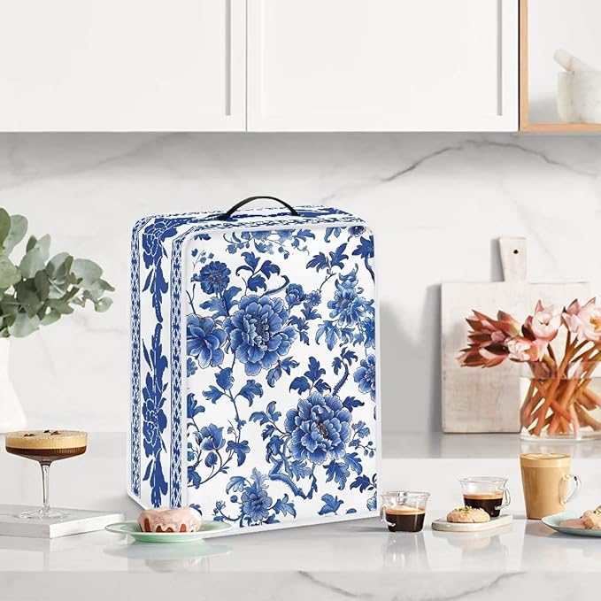 Coffee Maker Cover – Dust Protection Stain Resistant Washable Appliance Cover Kitchen Decoration Gifts For Coffee Lovers Blue White Floral Pattern