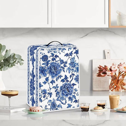 Coffee Maker Cover – Dust Protection Stain Resistant Washable Appliance Cover Kitchen Decoration Gifts For Coffee Lovers Blue White Floral Pattern