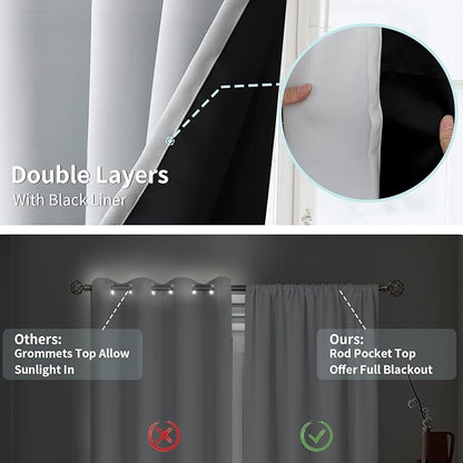 BGment Thermal Insulated 100% Blackout Curtains for Bedroom with Black Liner, Double Layer Full Room Darkening Noise Reducing Rod Pocket Curtain (42 x 72 Inch, Greyish White, 2 Panels)