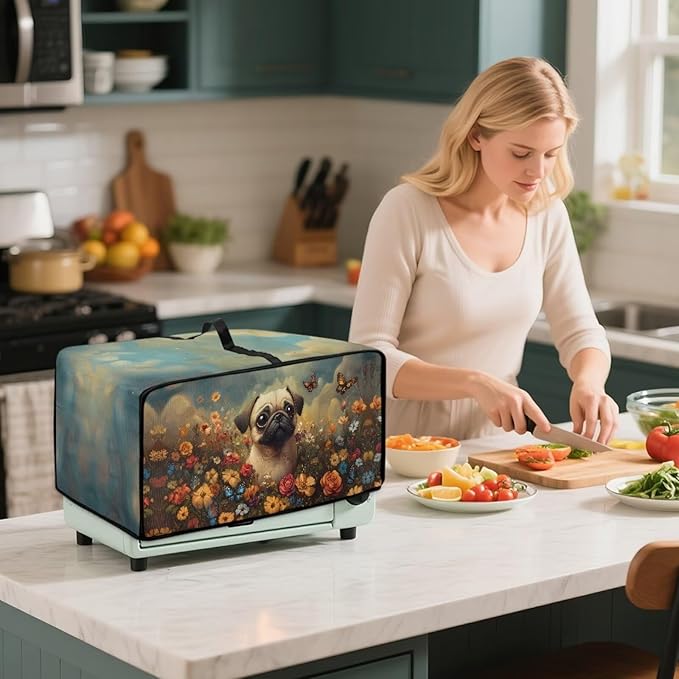 Cute Pug Dog Floral Butterfly Print Microwave Oven Dust Cover Dust Cover for Microwave Oven Universal Foldable Small Appliance Dust Covers Dirt and Fingerprint Protection, L