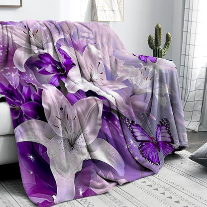 Purple Butterfly Flower Throw Blanekts Butterfly Blankets Soft Lightweight Cozy for Bed Couch Sofa Birthday Gifts Women Gifts for Her Anniversary Valentines Mothers Day Flower Gifts 40"x50"