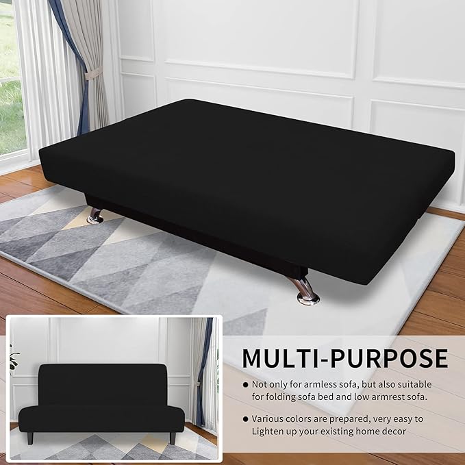 Easy-Going Stretch Futon Slipcover Armless Futon Bed Cover Furniture Protector Without Armrests with Elastic Bottom for Kids, Soft Jacquard Fabric Small Checks (Medium, Black)