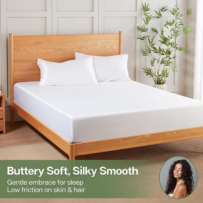 MR&HM Full Fitted Sheet Only, Ultra-Soft Rayon Derived from Bamboo & Polyester Blend, Silky & Breathable, 15" Deep Pocket with Elastic Straps, Cooling Fitted Sheet for Hot Sleepers, White