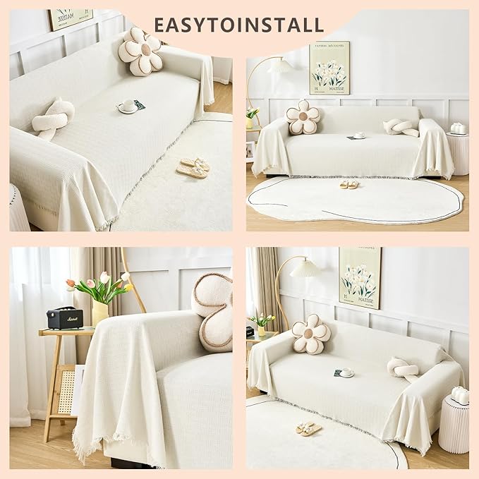 White Couch Cover Blanket Cute Geometrical Jacquard Washable Sofa Cover for Extra Large Furniture for 3 Cushion Sofa L Shaped Sectional Couch Blanket 71"x 118"