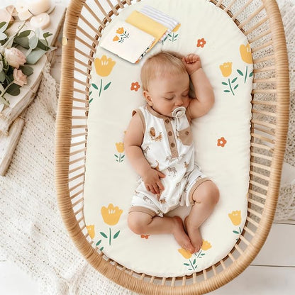 3 Pack Stretchy Bassinet Sheets - Universal Fit for Rectangle, Round, Oval, Hourglass Cradles & Moses Baskets - Soft Breathable Fitted Bassinet Sheets Set for Baby - Yellow & Flower