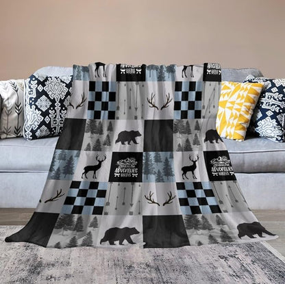 Bear Cabin Plaid Blanket, Rustic Retro Bear Deer Patchwork Gray Blue Farmhouse Throw Blanket for Couch Bed Living Room, 30"x40"