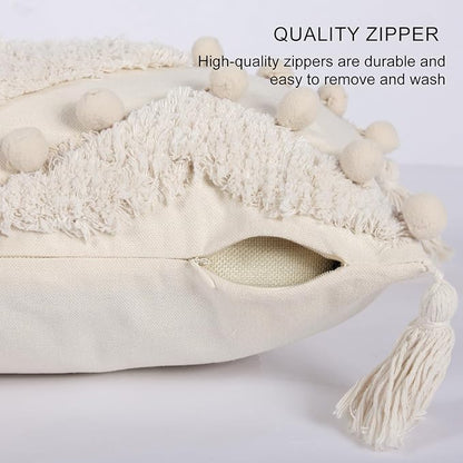 Boho Tufted Lumbar Throw Pillow Cover 12x 20 with Tassels, Pompom Diamond Farmhouse Neutral Pillow Cushion Cases, Decorative Pillows for Bed, Outdoor Couch Bedroom Car Cream