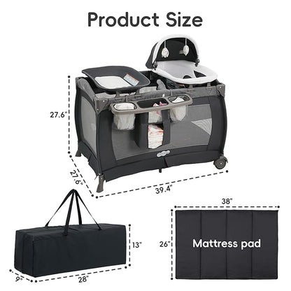 Pamo Babe Playard Portable Playard Foldable Playpen for Baby and Toddler Portable Crib Mattress Diaper Changer for Newborn (Grey)