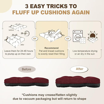 downluxe Indoor Chair Cushions for Dining Chairs, Tufted Overstuffed Textured Foam Kitchen Chair Pads with Ties and Non-Slip Backing, 15.5" x 15.5" x 4", Burgundy, 4 Pack