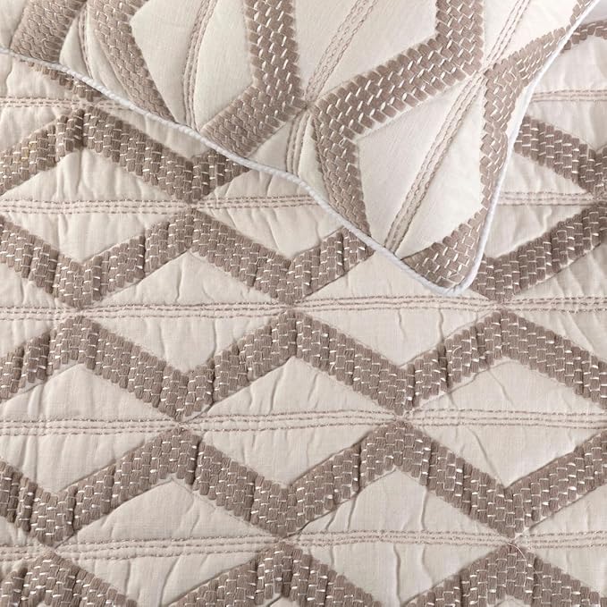 The HomeCentric Ivory Bed Runner, Queen Size 74"x18" Decorative Bed Runner with 2 Matching Pillow Cover, Ivory & Taupe Linen Bed Scarf in Quilted Pattern & Linen Embroidery - Pattern Flatter