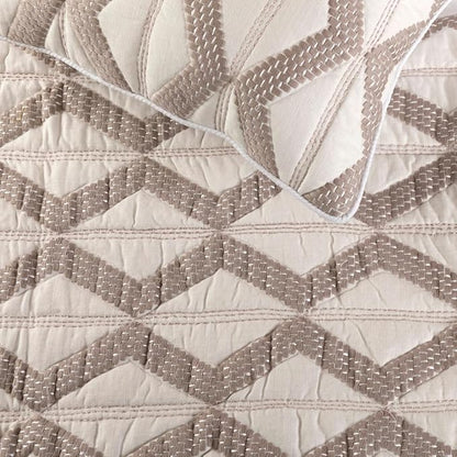 The HomeCentric Ivory Bed Runner, CA King Size 86"x18" Decorative Bed Runner with 2 Matching Pillow Cover, Ivory & Taupe Linen Bed Scarf in Quilted Pattern & Linen Embroidery - Pattern Flatter