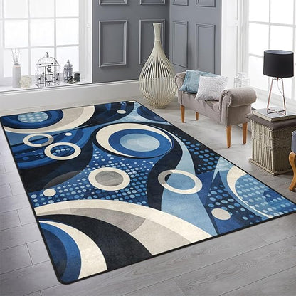9CH Modern Wavy Circles Area Rug 7' X 5' Navy Blue Abstract Geometric Washable Rugs Non Slip Soft Modern Floor Carpet for Office Dining Room Home Decor
