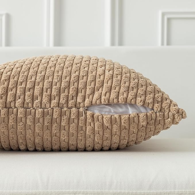 Kevin Textile 14x24 Inch Pillow Cover 1 Pack Boho Decorative Soft Striped Corduroy Lumbar Farmhouse Solid Color Accent Rectangle Cushion Case for Living Room Couch Sofa Bed, Tan