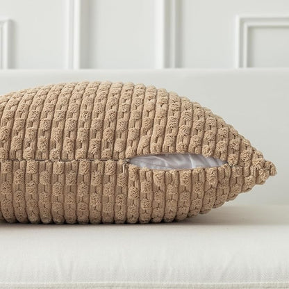 Kevin Textile 14x24 Inch Pillow Cover 1 Pack Boho Decorative Soft Striped Corduroy Lumbar Farmhouse Solid Color Accent Rectangle Cushion Case for Living Room Couch Sofa Bed, Tan