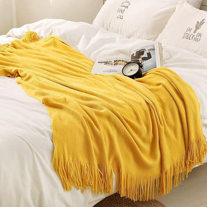 Homiest Decorative Knitted Throw Blanket with Fringe, Lightweight Acrylic Knit, Soft & Cozy Tassel Blanket for Couch, Sofa, Bed (Yellow, 60 x 80 Inch)