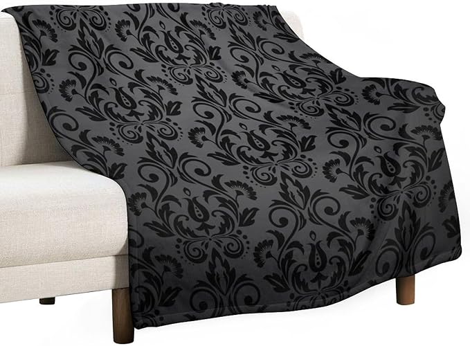 Black Damask Blanket, Antique Victorian Style Gothic Vintage Black Floral Bohemian Exotic Print Blanket for Sofa Bed Decor Fuzzy Blanket Twin, 60"x80"