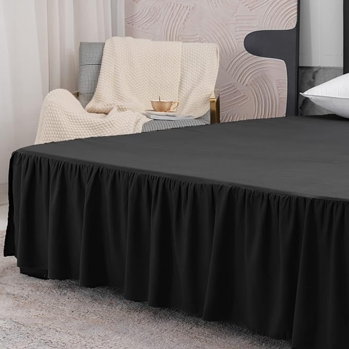 TSUTOMI Bed Skirt Queen Size Ruffled Bed Skirt with Split Corners, 14 Inch Drop Dust Ruffle Bed Skirts with Platform, Gathered Style, 100% Microfiber, Black