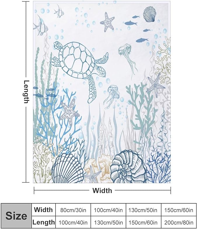 Nautical Turtle Throw Blanket, Coastal Sea Ocean Theme Coral Starfish Seashell Jellyfish Undersea Life Fleece Blanket for Summer Home Bed Sofa Couch Chair, 60"x80"