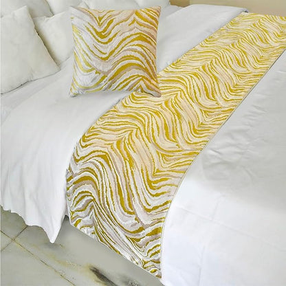 The HomeCentric King/Queen/Twin Yellow & Grey Decorative Bed Runner Full 68"x18" Bed Runner Without Pillow Cover, Abstract Wave Pattern Bed Scarf on Jacquard Fabric - Yellow Whirls