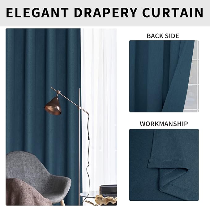 Easy-Going Linen Look Blackout Curtain Grommet Window Curtain Drapes for Bedroom, Living Room Thermal Insulated Room Darkening (2 Panels, 52x108 inch, Navy)