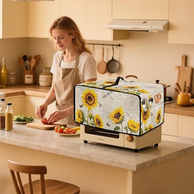 Microwave Oven Dust Cover Waterproof Toaster Oven Cover with Top Handle Dust-Proof Kitchen Appliance Protector Dirt and Fingerprint Protection, Sunflower Dragonfly Butterfly Letter Print, L