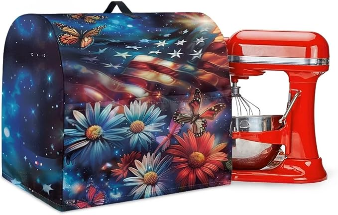 American Flag Daisy Butterfly Mixer Cover Protector, Dust Covers for 6-8 Quart Kitchen Aid Mixer, Polyester, Waterproof, Multicolor, Drawstring Closure