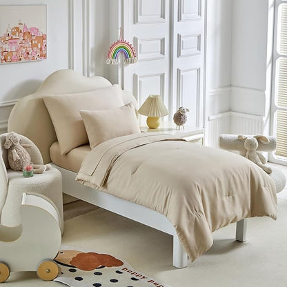 Toddler Bedding Set - 5 Piece Soft and Breathable Toddler Bed Set for Boys and Girls, Includes Quilted Comforter, Fitted Sheet, Flat Top Sheet, Standard Pillowcase and Toddler Pillowcase, Cream Beige