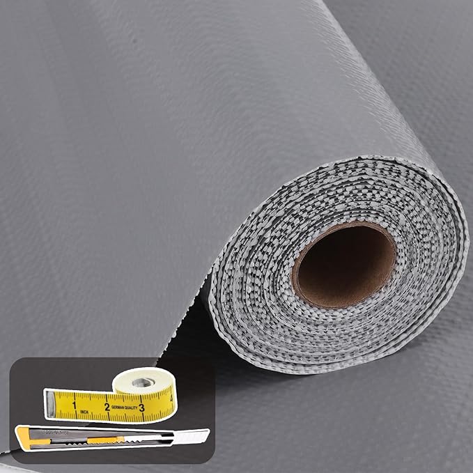 Shelf Liners for Kitchen Cabinets 12in x 20FT Non Adhesive Drawer Liner Grey Thickened Shelf Liner Paper Strong Non-Slip Easy to Clean for Tool Box Refrigerator with Knife and Tape Measure