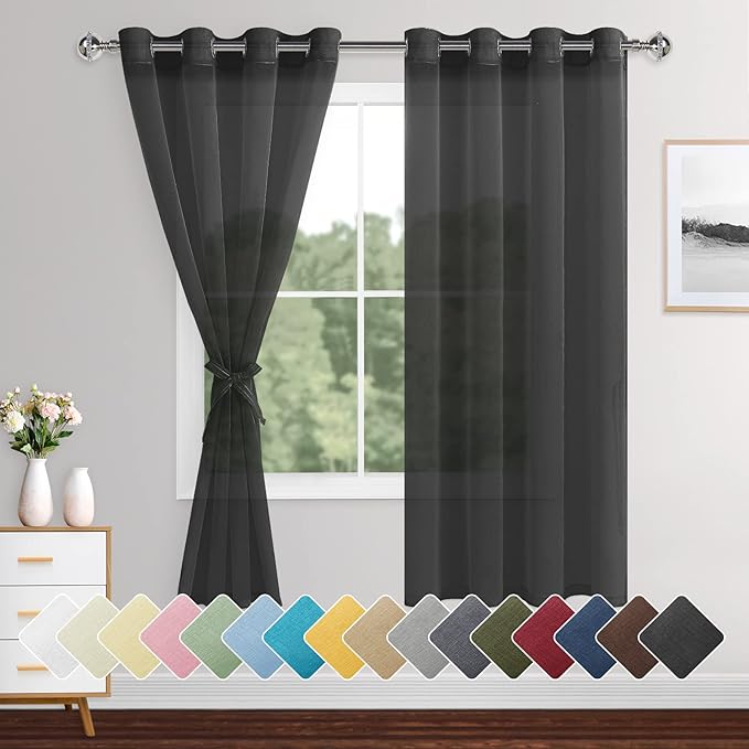 XWZO Black Sheer Curtains for Bedroom, Semi Transparent Light Filtering Grommet Voile Textured Window Curtains for Living Room, Nursery with Tiebacks, 52 x 63 Inches Long, Set of 2 Panels