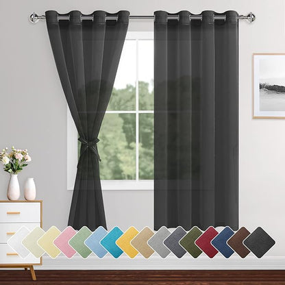 XWZO Black Sheer Curtains for Bedroom, Semi Transparent Light Filtering Grommet Voile Textured Window Curtains for Living Room, Nursery with Tiebacks, 52 x 63 Inches Long, Set of 2 Panels