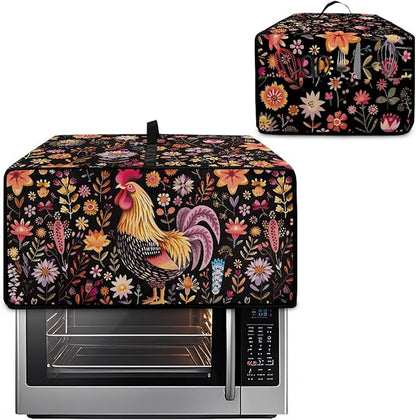 Microwave Oven Cover Air Fryer Toaster Oven Dust Cover with Accessory Pockets, Stain-resistant Small Electric Appliance Protector for Kitchen, L, Rooster Chicken Floral Black