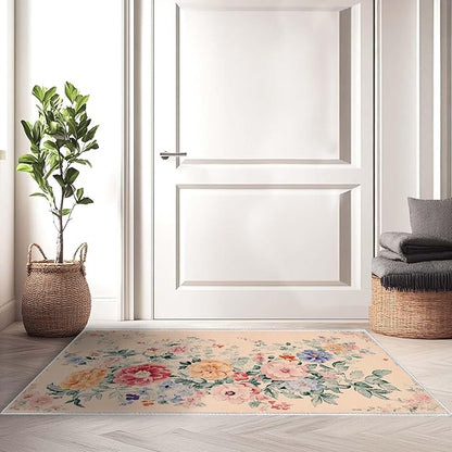 2x3 Floral Entryway Area Rug Beige Bathroom Rug Non Slip Machine Washable Low Pile Small Carpet Kitchen Bedroom Door Mat Entrance