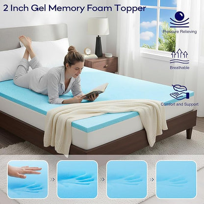 OLANLY Dual-Layer 4 Inch Queen Size Memory Foam Mattress Topper for Back Pain, 2 Inch Cooling Pillow Top Mattress Pad Cover and 2 Inch Gel Memory Foam Topper, Deep Elastic Pocket, Black