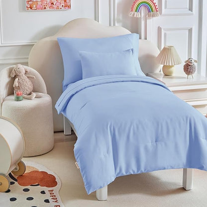 Toddler Bedding Set - 5 Piece Soft and Breathable Toddler Bed Set for Boys and Girls, Includes Quilted Comforter, Fitted Sheet, Flat Top Sheet, Standard Pillowcase and Toddler Pillowcase, Light Blue