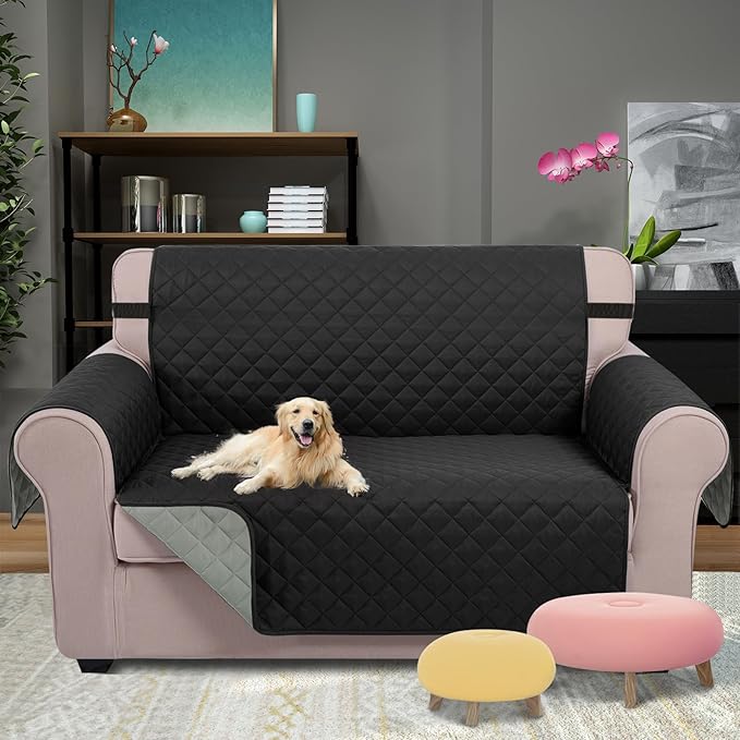 U-NICE HOME Loveseat Sofa Cover Reversible Couch Cover for Dogs with Elastic Straps Water Resistant Furniture Protector for Pets Couch Cover for 2 Cushion Couch (Loveseat, Black/Grey)