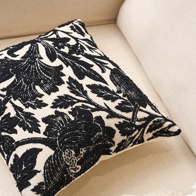 Yangest Chenille Floral Pillow Cover 12 x 20 Inches, Neutral Jacquard Rectangle Throw Pillow Cover Soft Decorative Nature Accent Couch Pillow Cover for Living Room Bedroom, Black