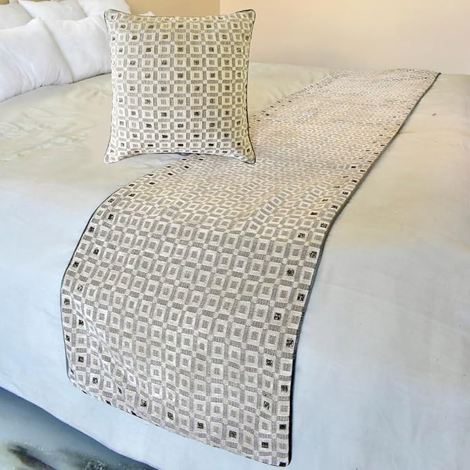 The HomeCentric King/Queen/Twin Grey Designer Twin 53"x18" Bed Runner Without Pillow Cover, Checkered, Beaded, Hand Embroidery Bed Scarf on Velvet Fabric - The Brick Effect