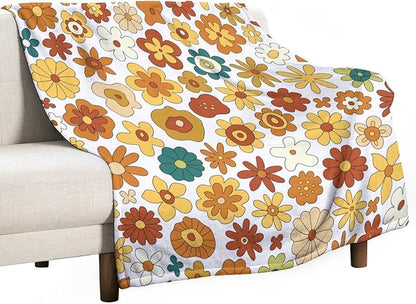 Vintage Hippie Floral Blanket, 70s Boho Abstract Yellow Orange Flowers Funny Print Throw Blanket for Holiday Theme Home Decor Bedding Couch 60"x80"