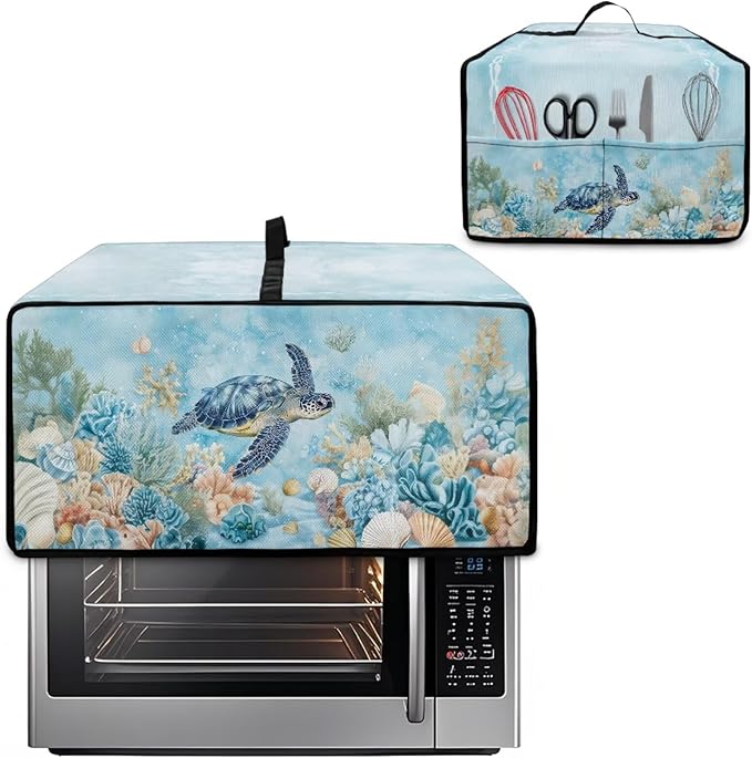 Air Fryer Toaster Oven Cover with Pockets, Dustproof Electrical Appliance Cover for Kitchen Countertop, S, 14.5 x 18.5 x 9 Inches, Sea Turtle Seashell Coral Reef Blue