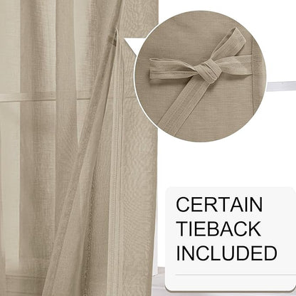 XWZO Camel Sheer Curtains for Living Room Bedroom - Faux Linen Look Voile See Through Drapes Grommet Top Window Curtain Panel, 52 x 90 Inches Long, Set of 2 Panels